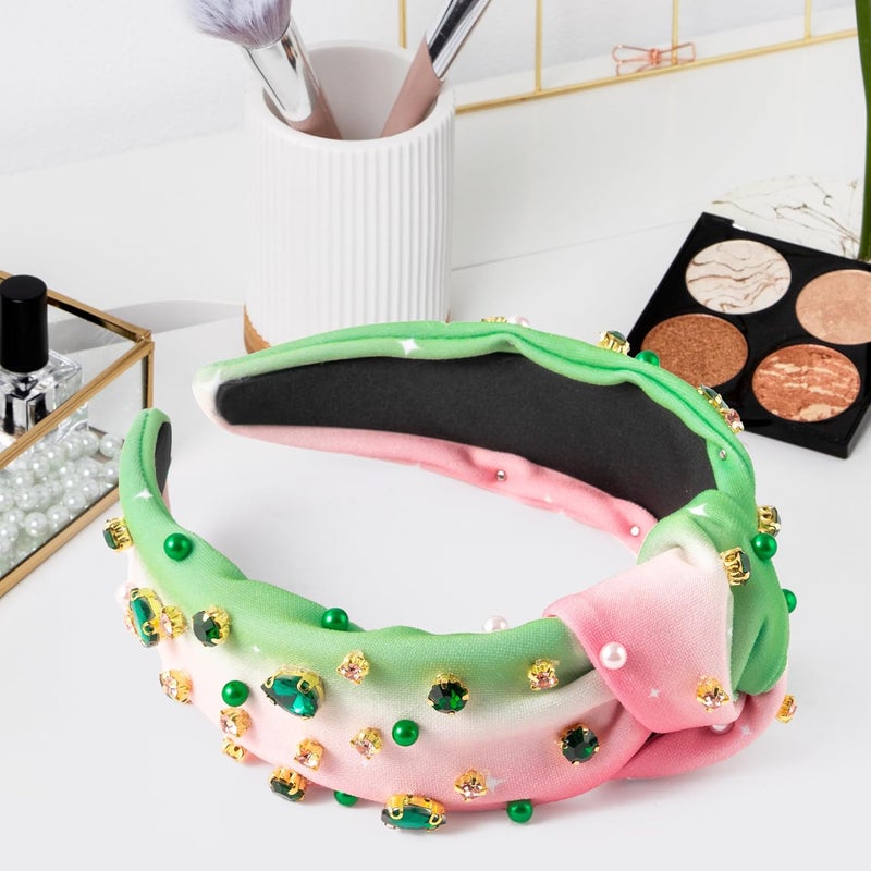 PANTIDE Witch Musical Jeweled Knotted Headband - Witch Musical Fans Gift Pearl Crystal Embellished Headband Wide Top Knot Fashion Pink Hairband Accessories Birthday for Women Girls (Green Rhinestone) - Image 4